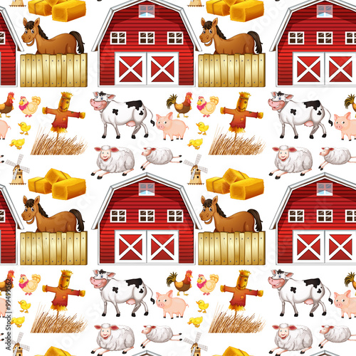Seamless farm animals and red barn