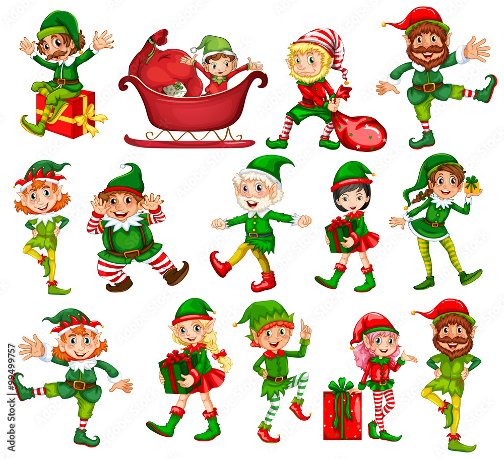 Christmas elf in different positions - obrazy, fototapety, plakaty 