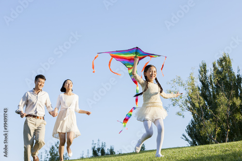 Cheerful young family flying a kite in a park