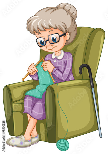 Old lady knitting on the chair