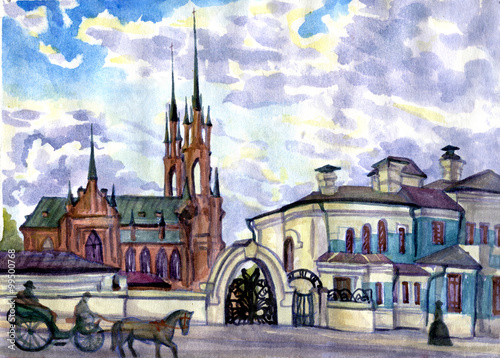 Street of the old town. Watercolor painting