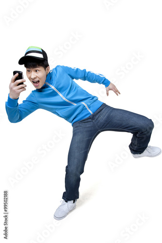 Excited man looking at his phone
