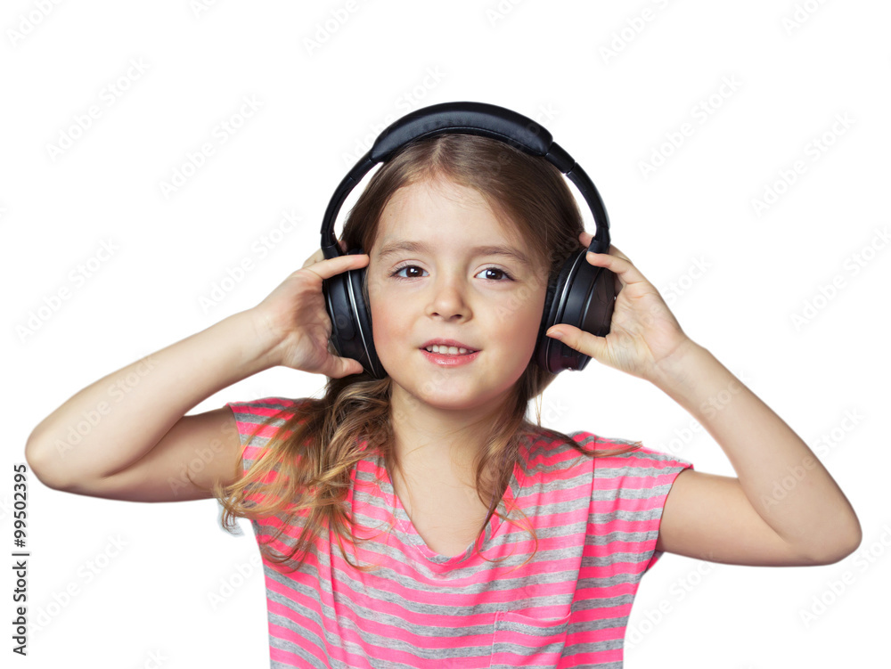 Child girl smiling in earphones isolated on white. Child girl smiling in earphones isolated on white.