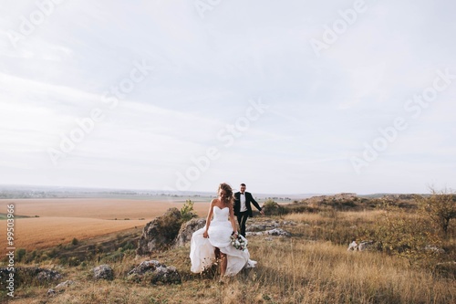 beautiful wedding couple in the mountains