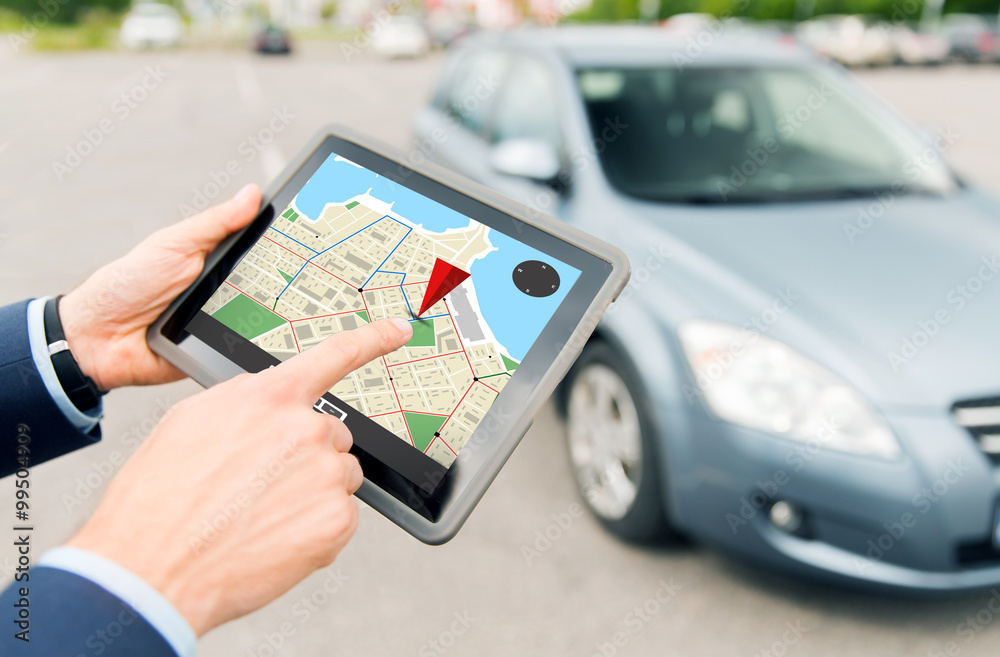 close up of hands with gps on tablet pc and car close up of hands with gps on tablet pc and car