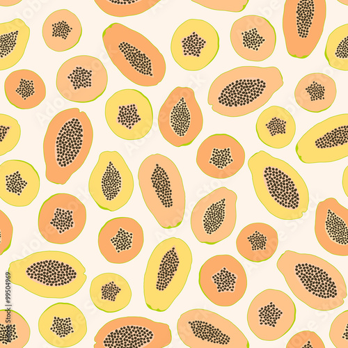 Seamless papaya pattern. Harvest ornament. Sliced Papaya. Pawpaw pattern. Fruitarian. Endless fruit texture. Repeating harvest backdrop. Vegetarian. Tropical. Light background template.