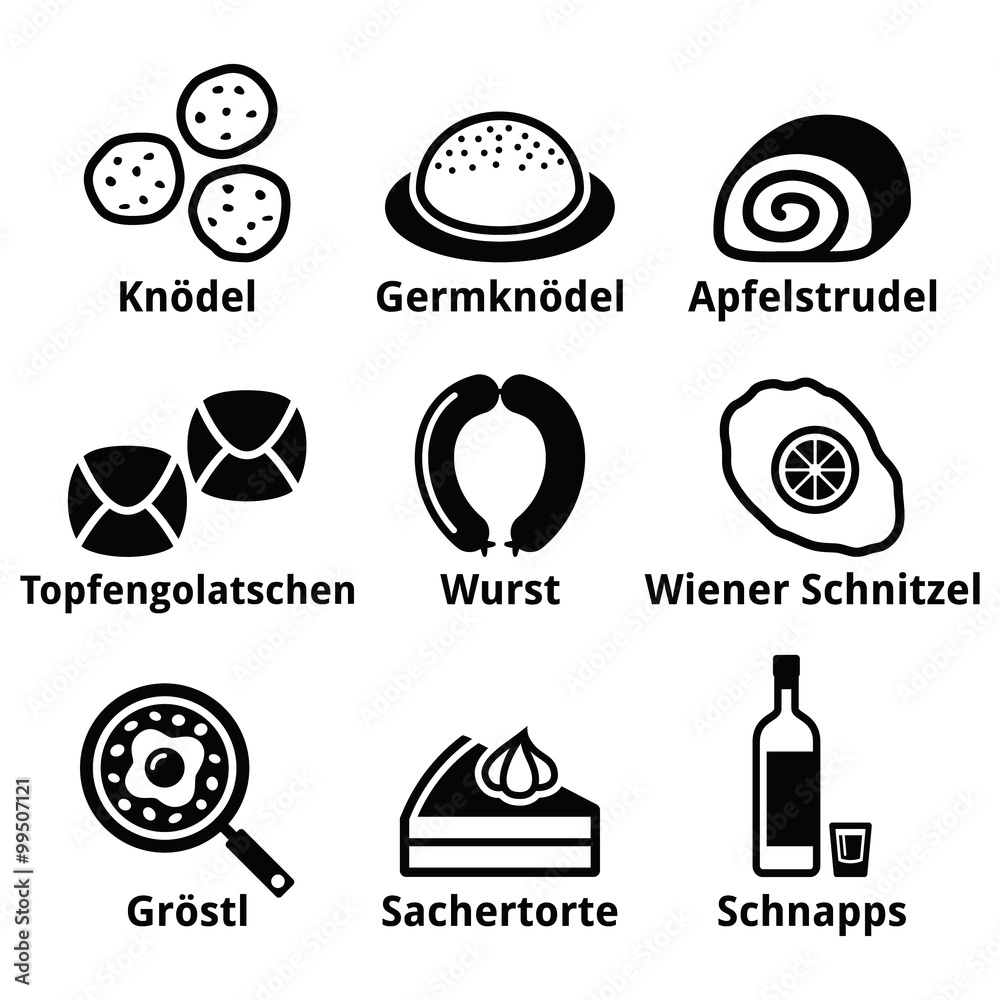 Austrian food - traditional meals an drink icons set - obrazy, fototapety, plakaty 