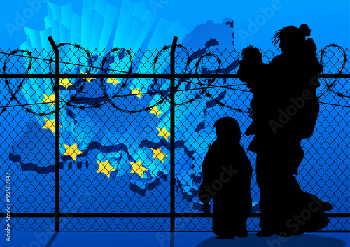 Silhouettes of refugee with two children standing at the border. Immigration religion and social theme