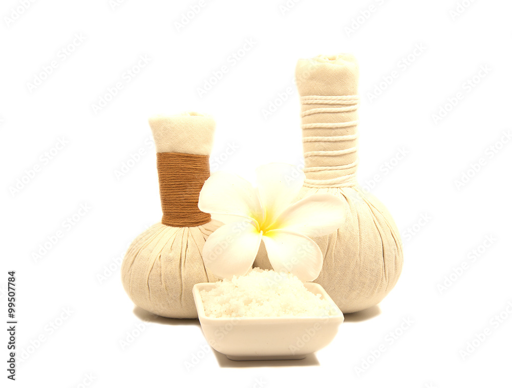 Spa massage compress balls, herbal ball on white, Thailand
