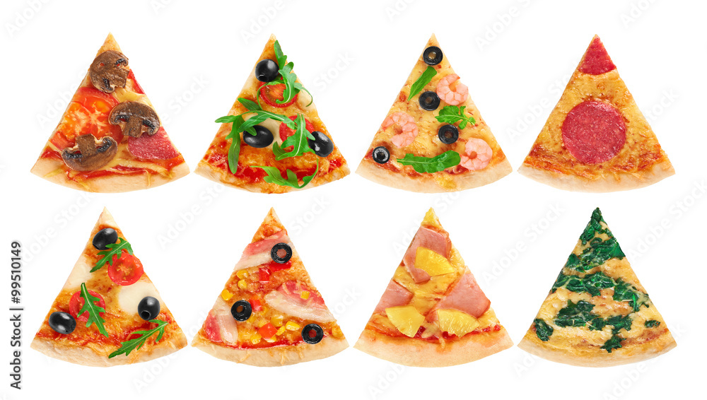 Pieces of pizza on a white background. Collection. Pieces of pizza on a white background. Collection.