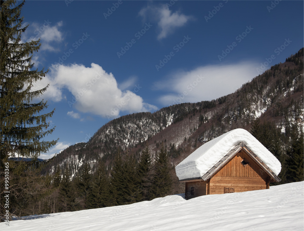 cottage in an alpine winter landscape