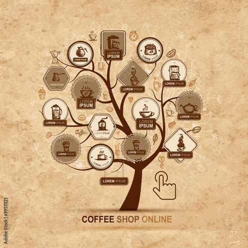 Infographic concept -  tree with coffee icons for your design