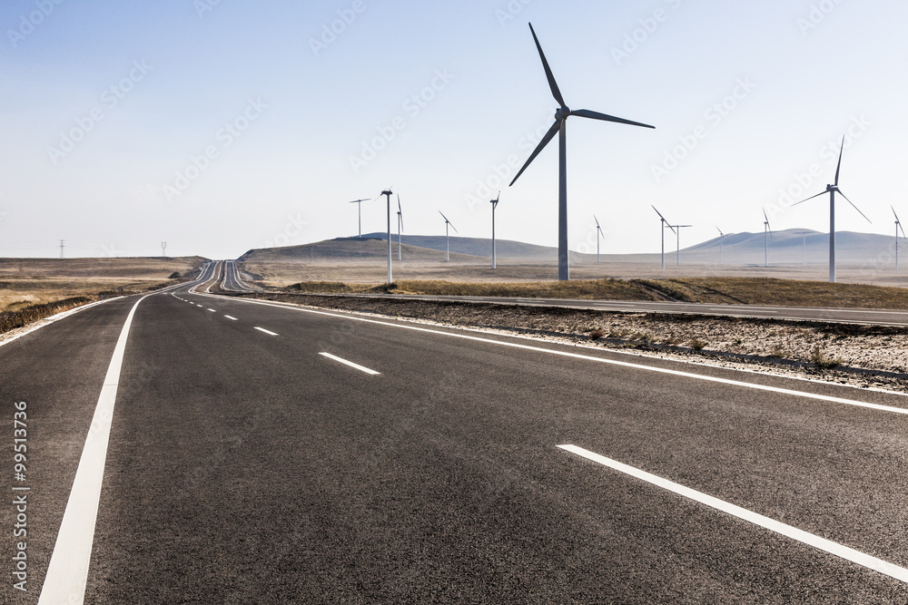 Highway and windmills in Inner Mongolia province, China