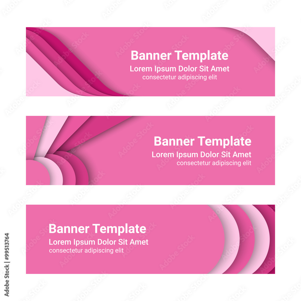 Set of modern pink horizontal vector banners in a material design style. Can be used as a business template or in a web design