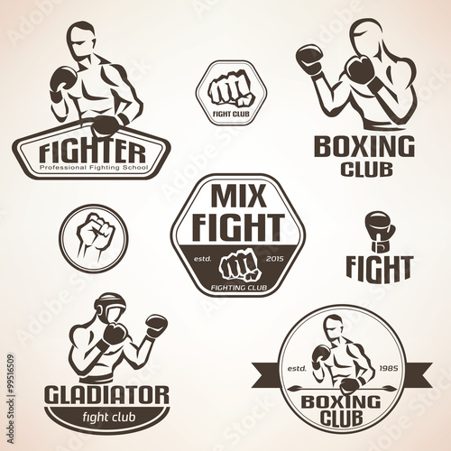 Set of fighting club emblems, MMA, boxing labels and bages
