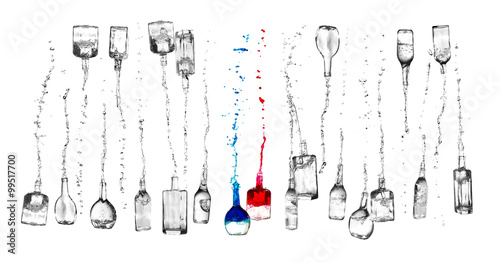 Bottles of which are pouring jet of wine on a white background.