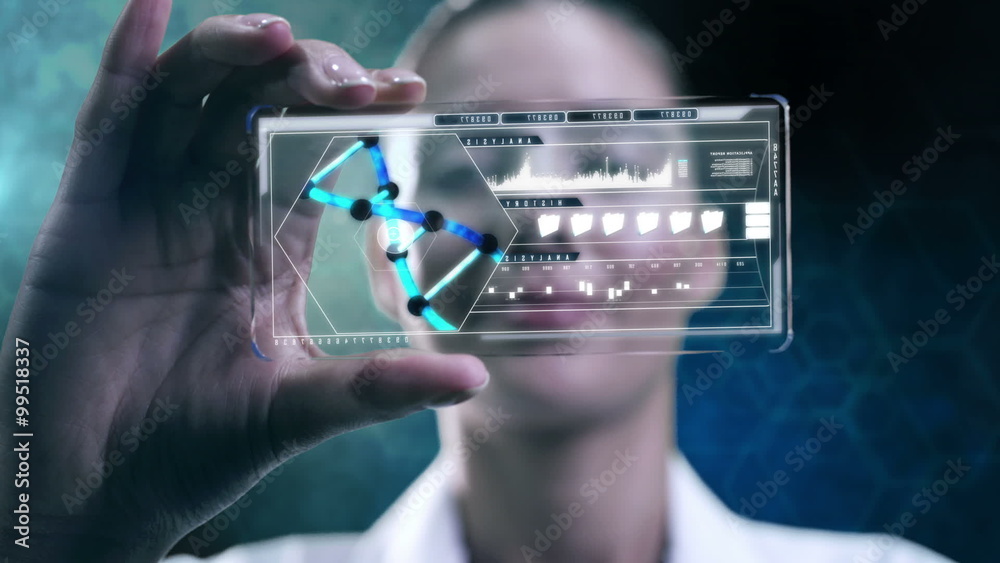 Caucasian American scientist female touchscreen technology display DNA analysis