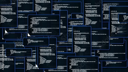 Animation of computer monitor screen showing windows folder source code and text alert sign warning and blinking that the system had been hacked or infected by network virus in 4k ultra HD