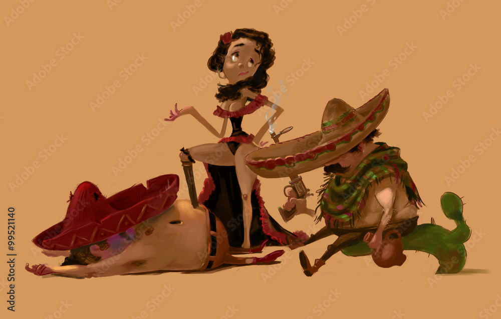 Three Mexican Characters, Two Men and a Woman. Traditional latinos in  sombreros. After a fight scene. Beautiful Mexican Girl between two men.  Digital Raster Illustration. Stock Illustration | Adobe Stock