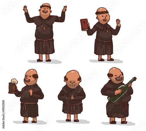 Vector set of monks in brown robes.