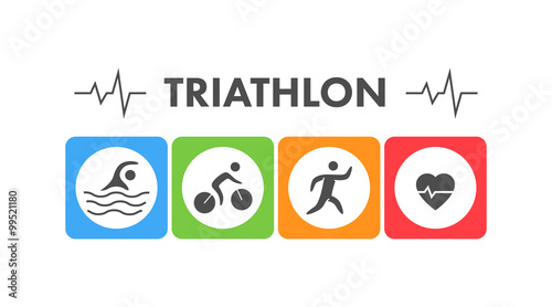 Line and flat triathlon logo. Swimming, cycling and running icon