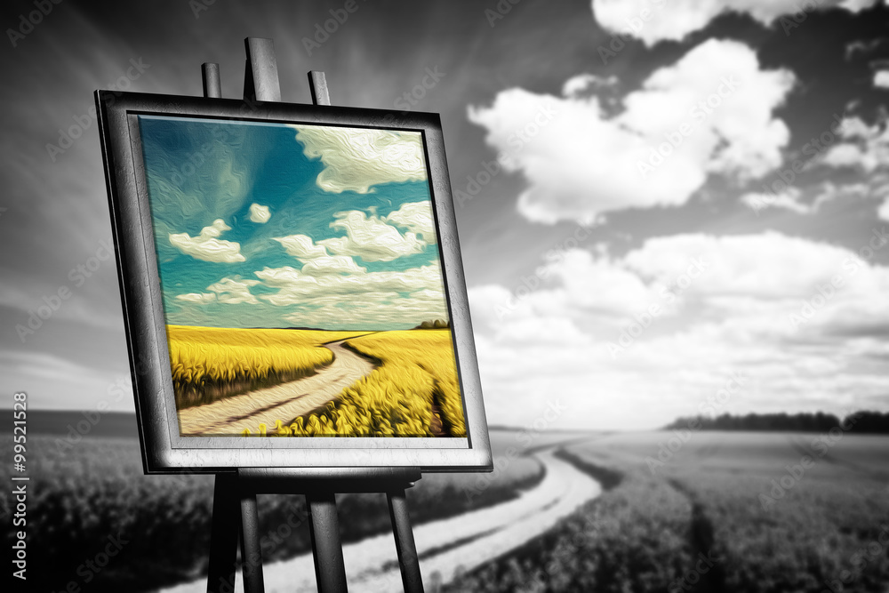Fototapeta premium Landscape picture painted on canvas against black and white field