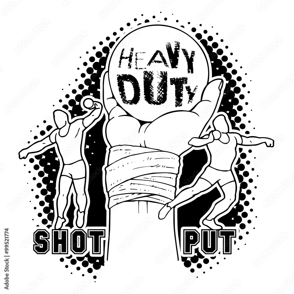 Heavy duty. A shot put theme, black and white illustration