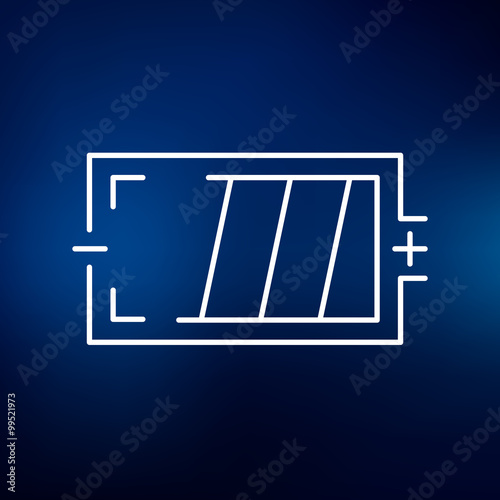 Battery icon. Battery charge sign. Battery power level symbol. Thin line icon on blue background. Vector illustration.