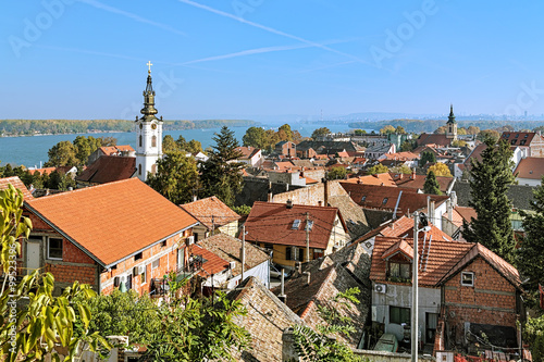 View of the St. Nicholas Church, Danube river and Belgrade from the Gardos hill in Zemun, Serbia photo