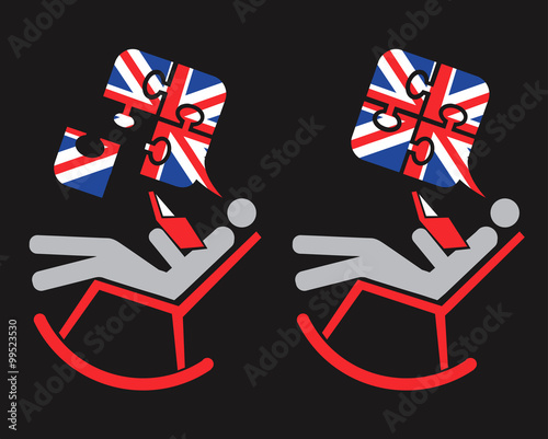 English is easy.
Icon with man holding book on the rocking chair with  Puzzle speech bubbles with British flag. Vector available.
