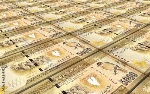 Sri Lankan bills stacks background. Computer generated 3D photo rendering.