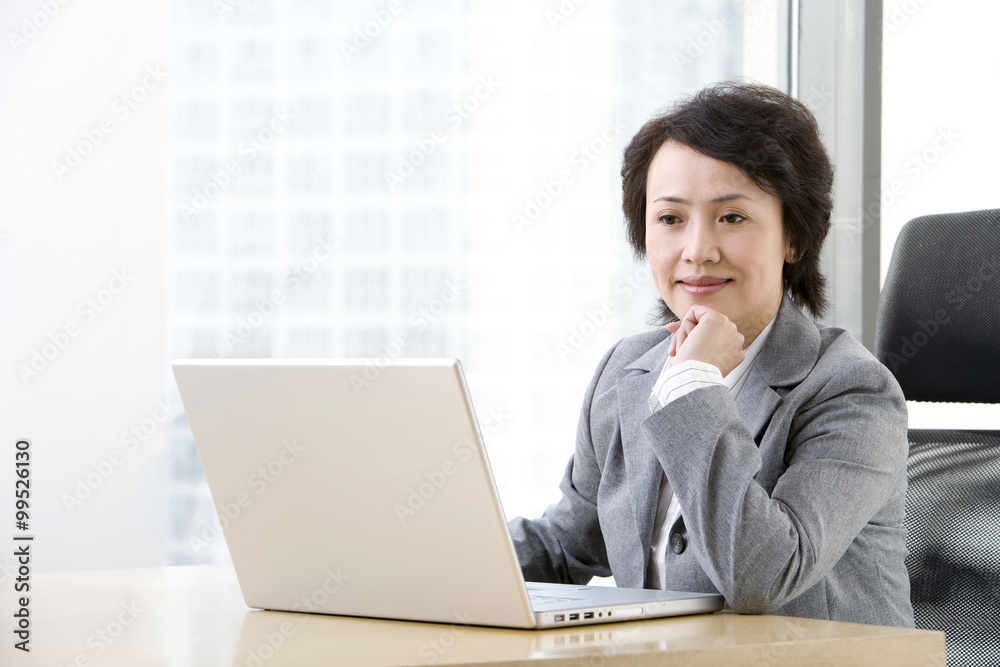 Businesswoman uses laptop in a well-lit, sunny office. Businesswoman uses laptop in a well-lit, sunny office.