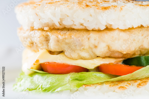 close-up of  Japanese food, grilled meat in Rice burger, served photo