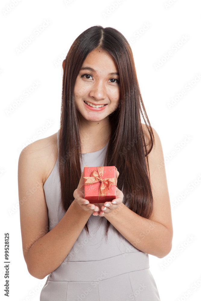 Beautiful young Asian woman with red gift box Beautiful young Asian woman with red gift box