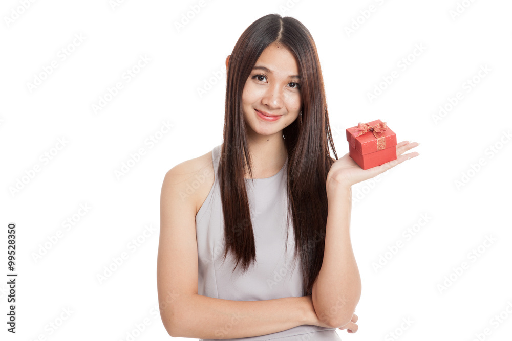 Beautiful young Asian woman with red gift box Beautiful young Asian woman with red gift box