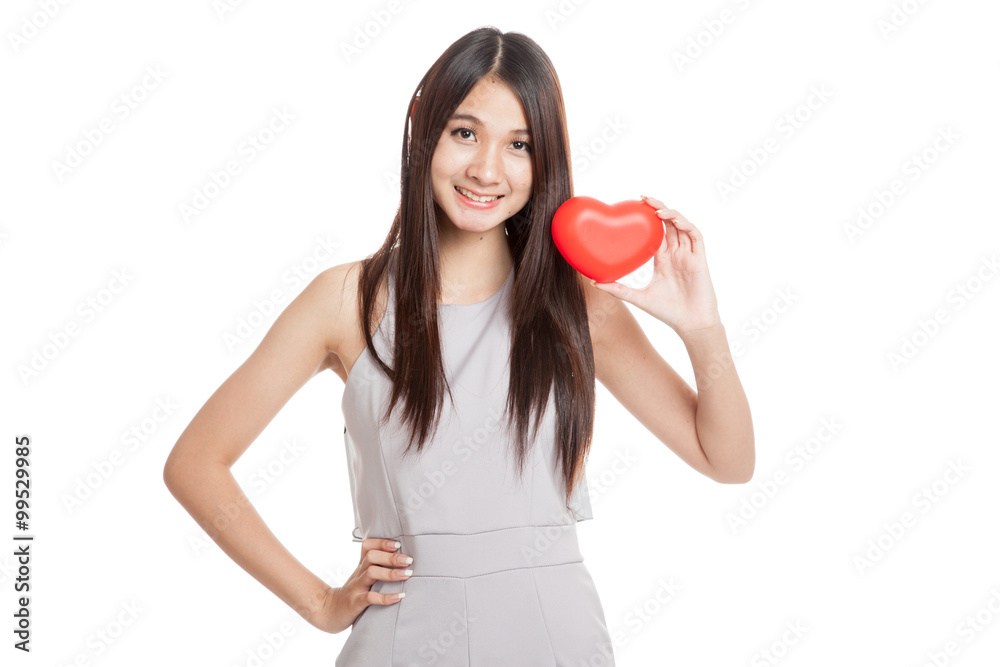 Beautiful young Asian woman smile with red heart Beautiful young Asian woman smile with red heart