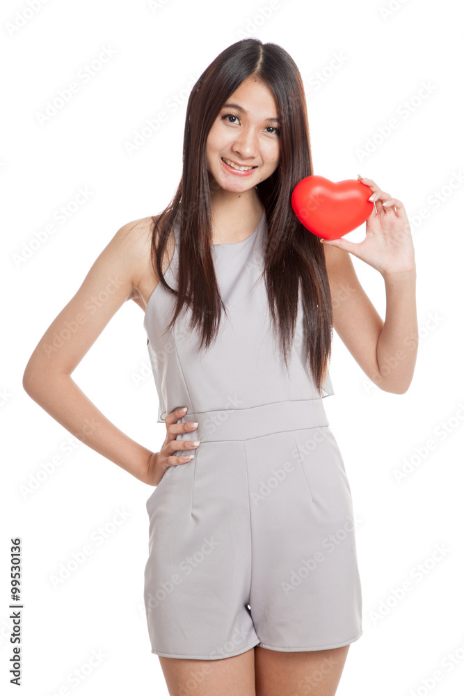 Beautiful young Asian woman smile with red heart Beautiful young Asian woman smile with red heart