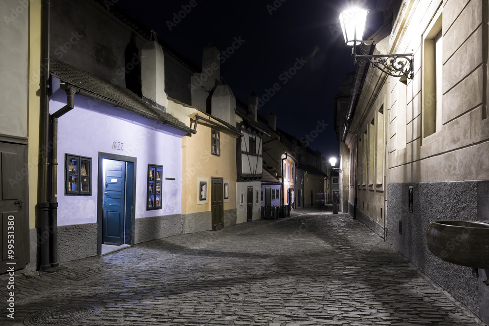 Little houses on Golden street inside of Hrandcany Castle in night, Prague, Czech Republic