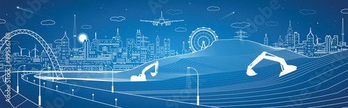 City infrastructure, building panorama, road under the bridge, vector design lines town