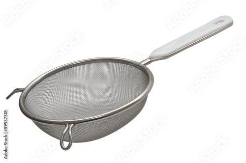 Metal sieve with a plastic handle isolated on white background
