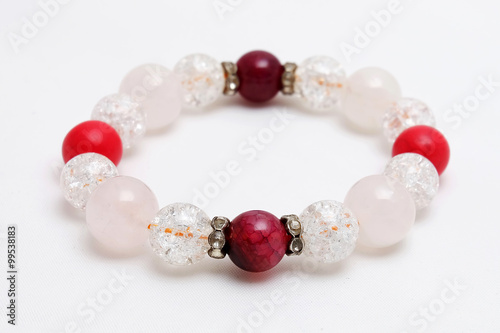 bracelet Ice Quartz, Red Coral stone, Agate Lucky stone with white Isolate background