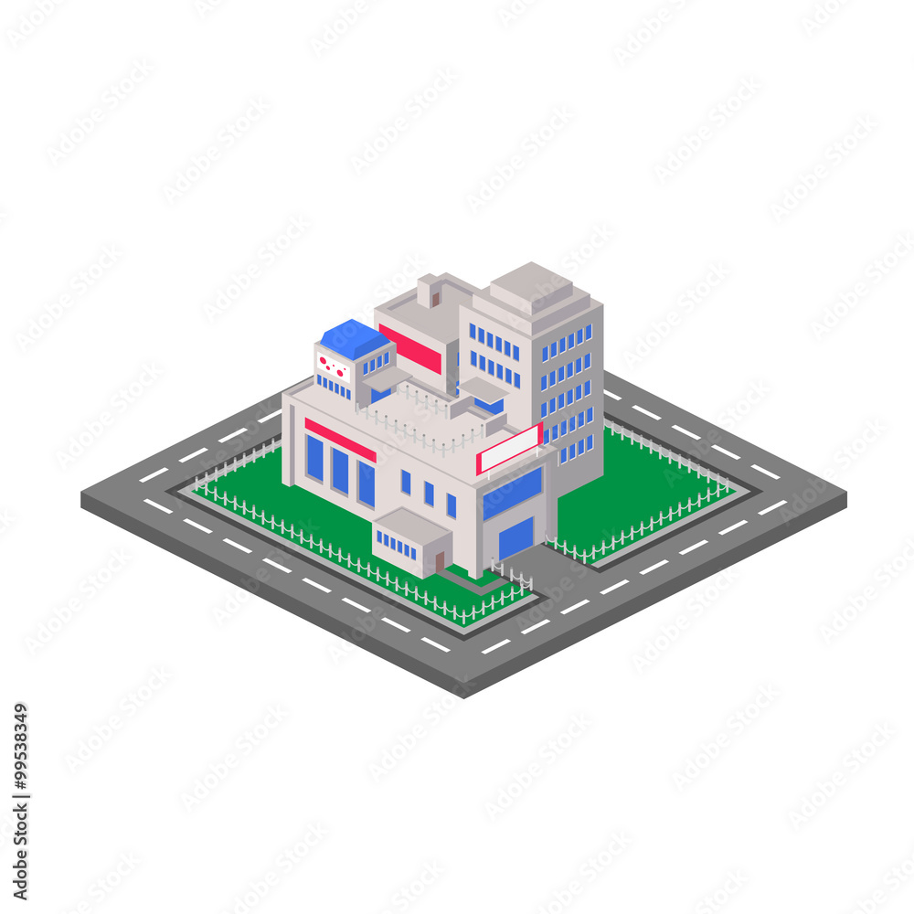 Flat 3D isometric shopping mall concept vector. Sale, entertainm