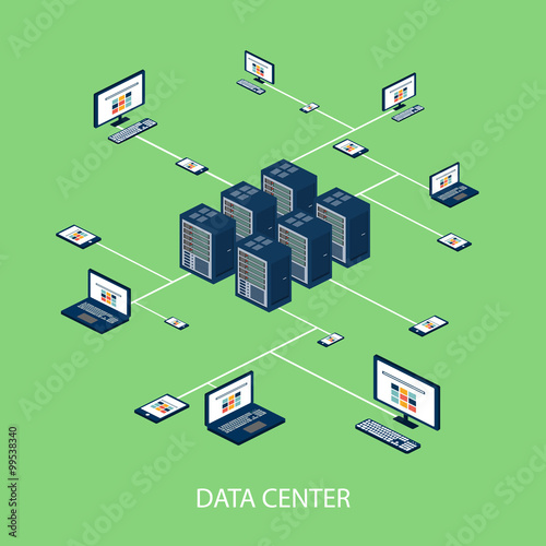 Data isometric set with data center and network elements vector 