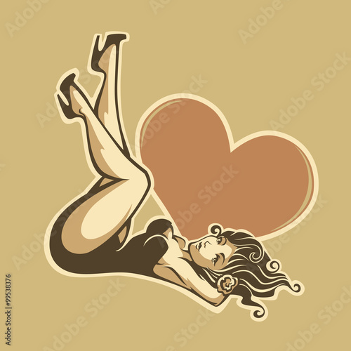 sexy pinup girl on beige background, vector greeting card