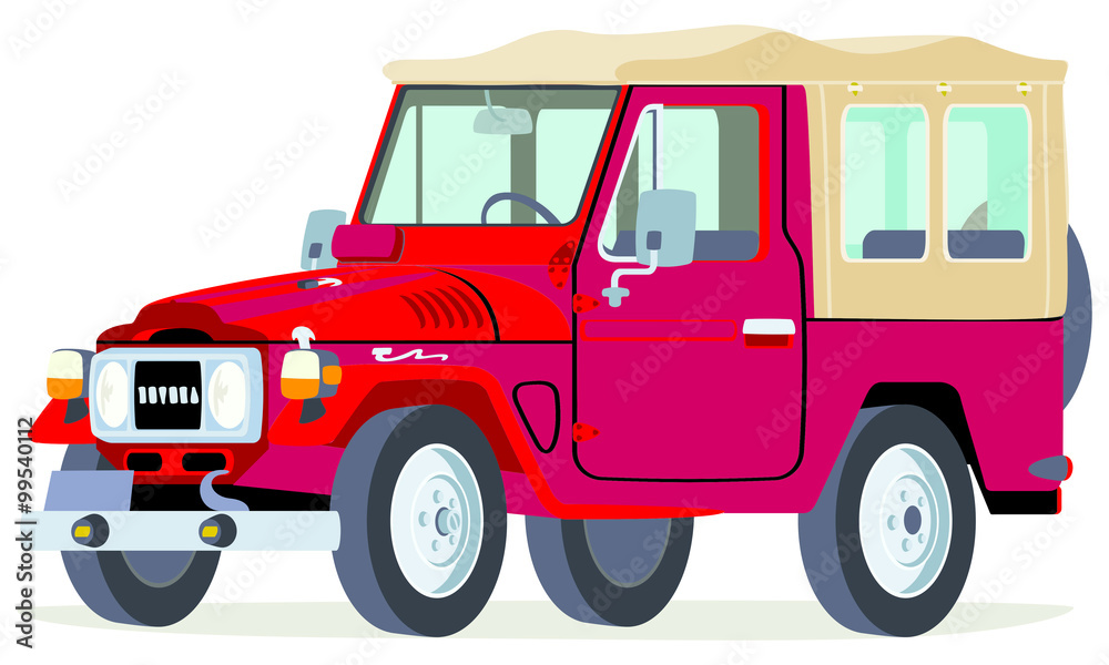 Fototapeta premium Caricatura Toyota Land Cruiser carpa cerado total rojo vista frontal y lateral
