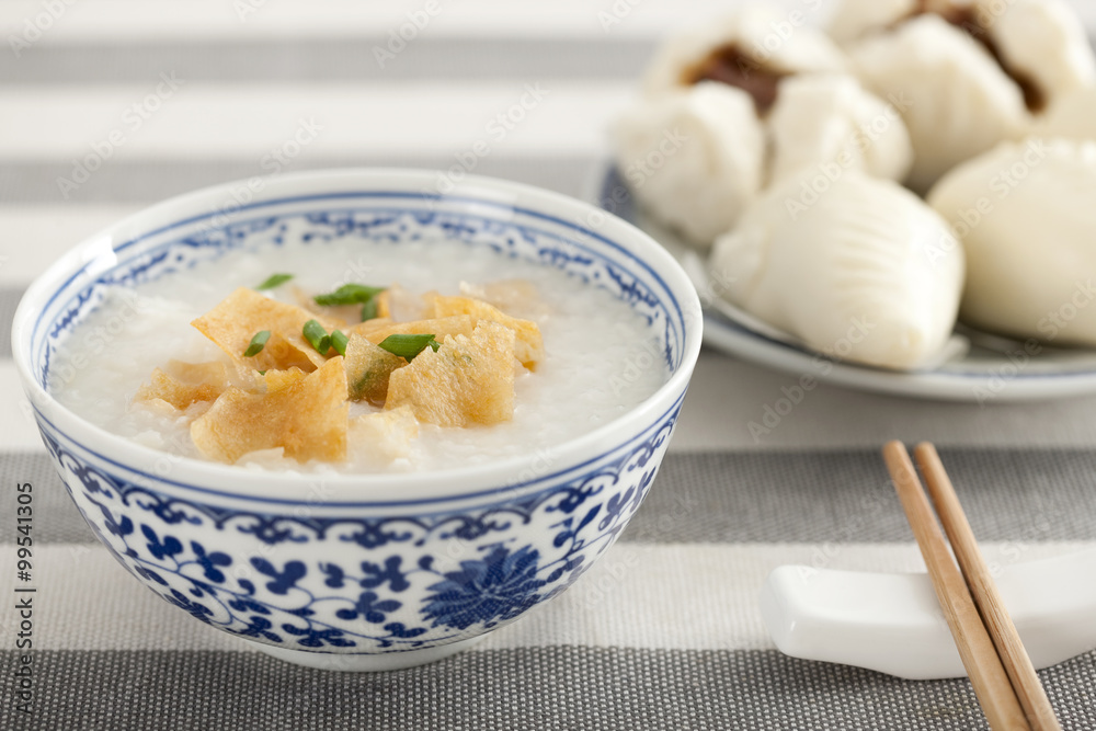 Chinese food rice porridge and cantonese barbecued pork buns Chinese food rice porridge and cantonese barbecued pork buns