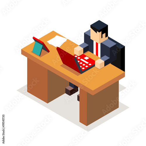 Businessman office workroom with laptop and documents isometric flat design vector illustration