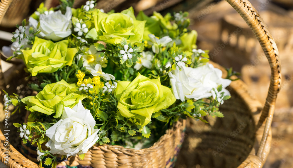 Obraz premium white and green rose in basket