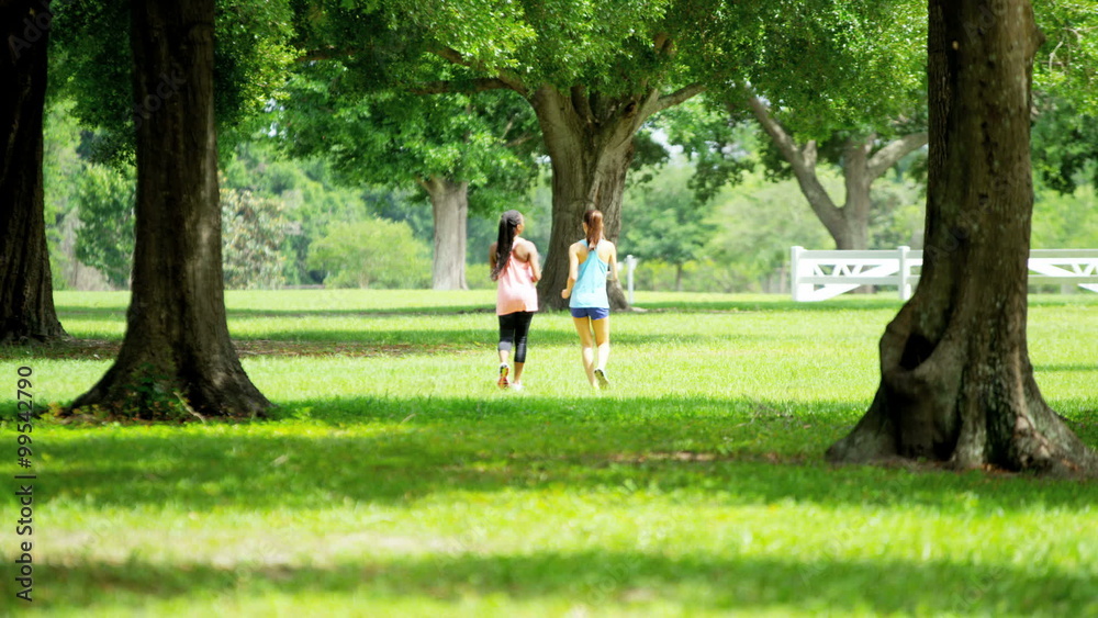 Young slim multi ethnic American females power walking outdoor Young slim multi ethnic American females power walking outdoor