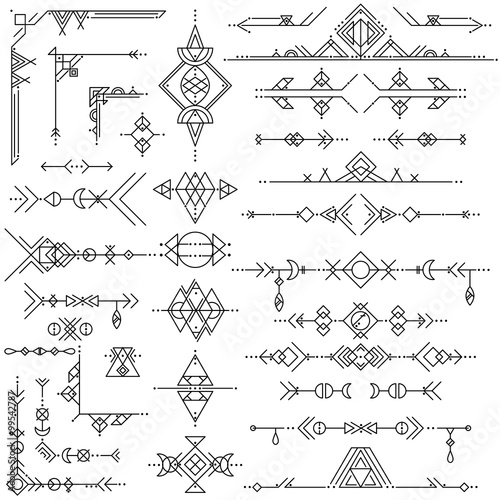 Collection of vector geometric line art design elements. Tribal
